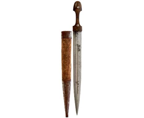 32c, flattened diamond section fullered blade, characteristic hilt, with two-piece horn grips secured with domed rivets, in i
