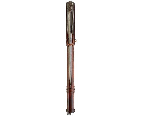 the ring turned mahogany truncheon with chamfered head and fitted with a sprung bayonet with 33.5cm incurved triangular blade