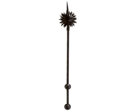 two-piece spherical head with faceted spikes, square section spike finial, cylindrical steel haft with ball terminals.