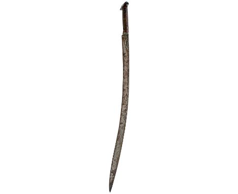 66cm curved T-section blade chiselled with a small panel of script to one side, reinforced forte, characteristic iron hilt wi
