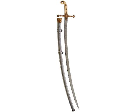 81cm clean curved clipped back blade, etched with scrolling foliage, laurel wreaths and stands of arms, maker's panel for Gar