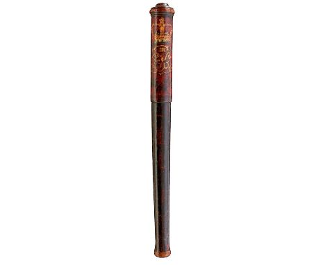 of tapering cylindrical form with mallet head, turned finial above a crown over GRIII cypher surrounded by foliage opposing L