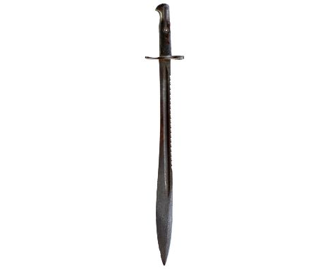 50cm fullered blade with flared and shaped head, saw backed, two-piece riveted chequered leather grips. Scabbard lacking.