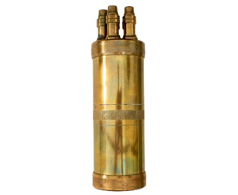 the brass body with engine turned top and bottom, the former set with five sprung chargers.