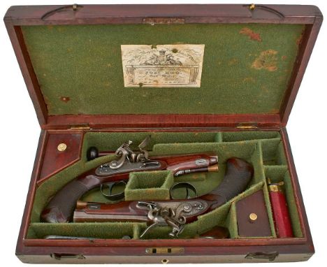 5inch sighted octagonal browned barrels, platinum lined case colour hardened breeches inlaid in gold J: EGG., border and fine