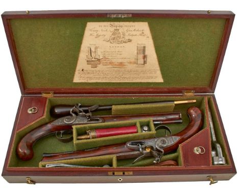 10inch sighted browned damascus octagonal barrels engraved Nock LONDON, geometrically chiselled breeches, the trigger guards 