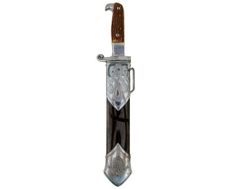 24.5cm fullered clipped back blade, poorly etched with a KREBS trademark and motto, regulation plated hilt, two-piece stag's 