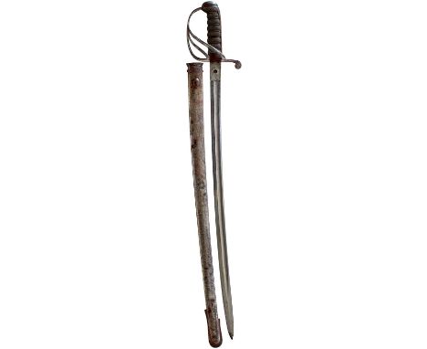 63cm curved fullered bright blade etched with scrolling foliage, laurel wreaths and artillery pieces, regulation three-bar st