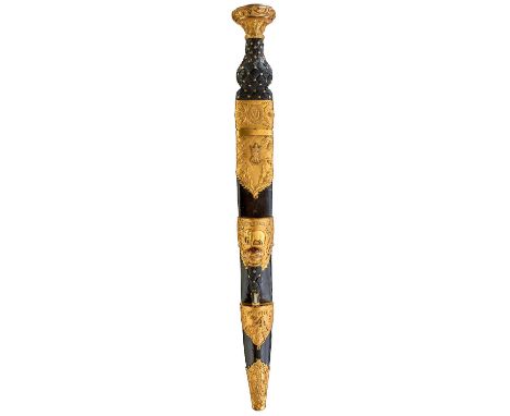 33cm fullered blade with faceted back edge, etched with scrolling foliage, thistles, battle honours, HIGHLANDERS, 74th, regim
