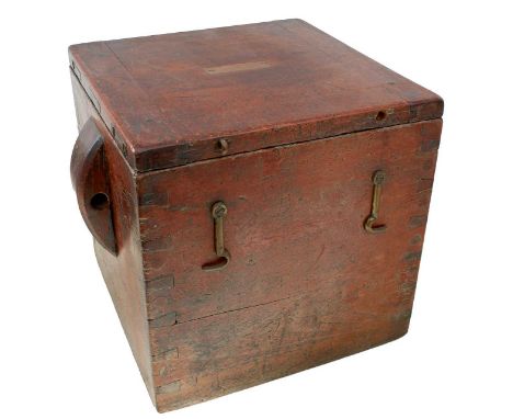 the wooden body with hinged lid, this inset with a brass black stamped BOX FOR DRUM GATLING .45, the interior with broad arro