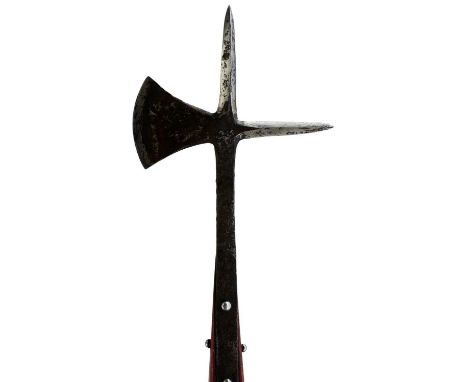 characteristic crescent head with square section spike finial and fluke, remounted on a red painted wooden haft.