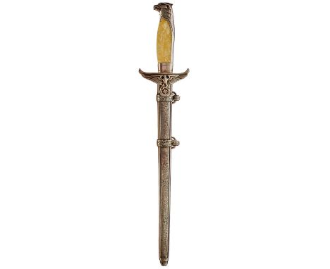 26cm flattened diamond section blade by WKC, regulation plated hilt with flat mother of pearl grips and eagle pommel, in its 
