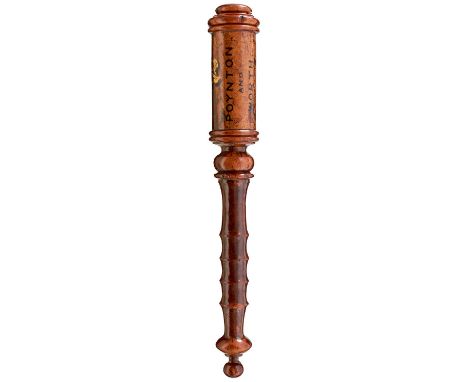 the mallet form head decorated with WR flanking a crown over IV opposing POYNTON AND WORTH, turned ergonomic grip, bun finial