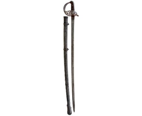 89.5cm slightly curved fullered blade etched with scrolling foliage, crowned VR cyphers and a maker's panel for GARDEN, regul