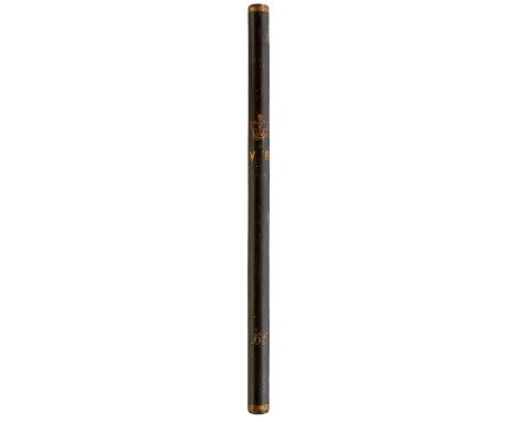 the black painted cylindrical body with flattened ends and pierced for a thong, decorated with Royal crown over VR cypher ove