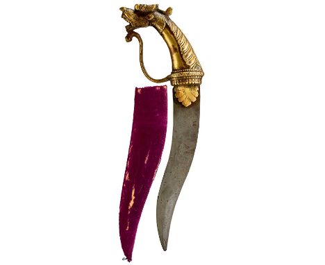 18.75cm recurving blade of wootz damascus and double edged towards the tip, fine large bronze Yali hilt with foliate langets,