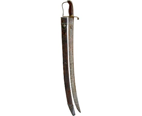 68.5cm curved fullered blade, brass stirrup hilt, the quillon struck with Sold out of Service marks, ribbed wooden grip, in i