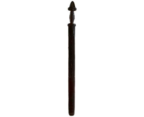 45cm flattened diamond section blade with chiselled tramline borders and rounded tip, characteristic leather covered hilt wit