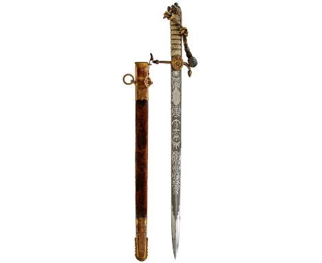 45.5cm blade by GIEVE, etched with scrolling foliage, crowned VR cypher and crowned fouled anchor, regulation brass hilt with