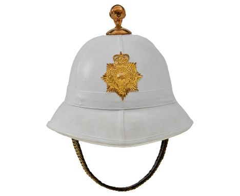 the six section white body with gilt helmet plate, gilt brass finial, leather backed chin chain, leather liner, together with