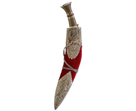 32cm sharply curved blade etched with a foliate border and a central regimental badge on one side and a tiger chasing an ante