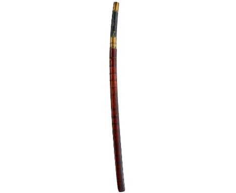 66.25cm curved blade, characteristic brass mounted hilt with polished fishskin grip, in its wire bound wooden scabbard, toget