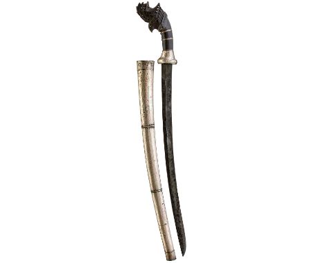 48.5cm curved and fullered smooth pamor blade with clipped back tip, characteristic hilt with white metal collar and characte