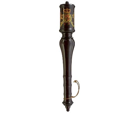 the cylindrical head with turned edges and bun finial, decorated in polychrome and gilt with the Royal arms flanked by the li