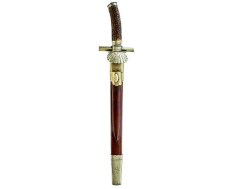36cm fullered blade decorated with foliage, stands of arms and a hunting hound all highlighted in gilt on a blued ground, mak