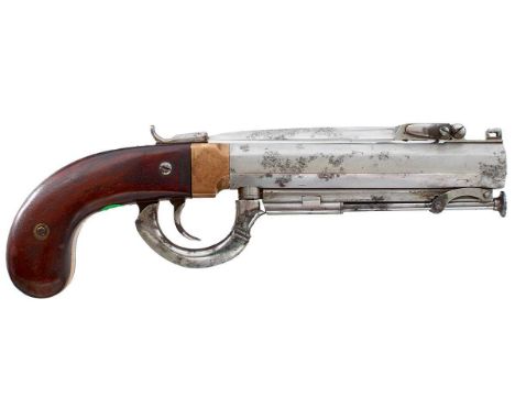 5.25inch sighted octagonal barrel fitted with a top sprung bayonet, under hammer trigger guard, slab-sided wooden butt, swive