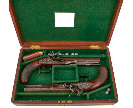 8inch sighted browned damascus barrels, case colour hardened breeches inlaid with a platinum maker's poincon, border engraved