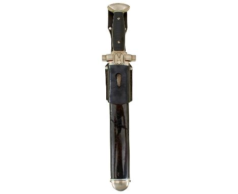 26.5cm fullered blade with squared tip and saw back, regulation nickel hilt, with two-piece riveted chequered celluloid grips