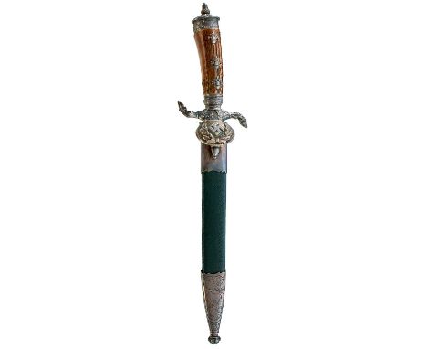 25.5cm fullered blade by Eickhorn etched with hunting scenes to either side, regulation white metal mounted hilt, downturned 