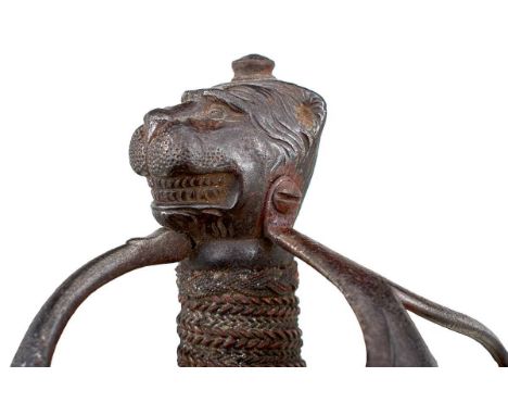 81cm fullered blade, half-basket hilt with large pierced scallop-form fore-guard and matching smaller rear guard, pierced D-s