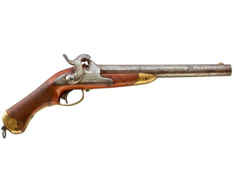 11.75inch sighted barrel with Belgian proof mark and serial no. 1108, bevelled lock stamped with a crowned M and maker's stam