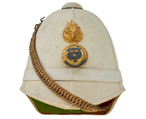 the six panel cloth covered cork body applied with the regimental gilt flaming grenade, laurel wreath surround with banner ba