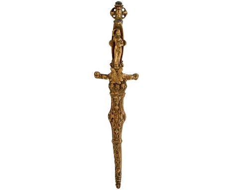 9.75cm flattened diamond section blade, characteristic brass hilt decorated with the figure of a lady to the front and a skel