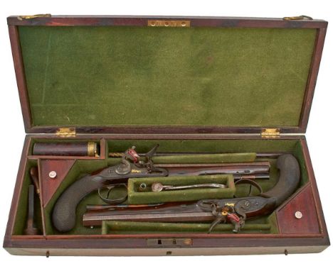 9inch sighted octagonal re-browned damascus barrels inlaid in gold TWIGG LONDON, gold lined breeches, touch holes and pans, b