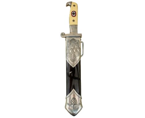 24.5cm fullered blade with clipped back tip by Weyersberg, poorly etched motto, plated hilt with associated white celluloid g