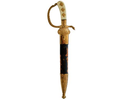 26cm clean fullered blade by Eickhorn, etched with hunting scenes to either side, characteristic gilt hilt decorated with oak