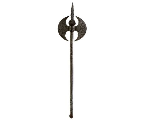 12cm crescent form heads etched with scrolling foliage and birds, flat spike finial decorated to match, faceted steel haft, t