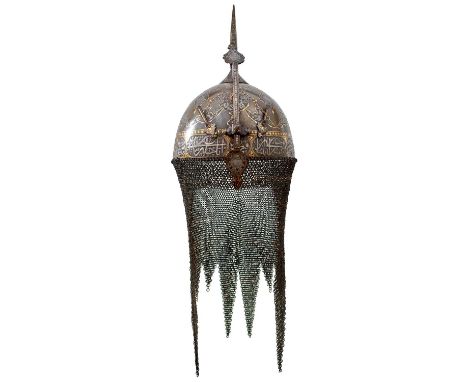the single piece skull profusely decorated with panels of chiselled scrolling foliage and flowerheads with gold damascene bor