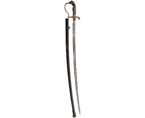 83cm curved fullered clean blade by Eickhorn, regulation gilt brass stirrup hilt with lion's head pommel, the eyes set with r