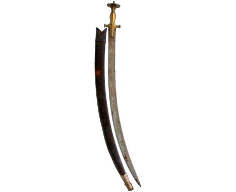 75cm sharply curved blade, characteristic brass hilt with domed quillon terminals and shaped langets, dished disc pommel with