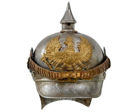 the steel skull with brass fittings, large eagle helmet plate with battle scroll honour ‘Fur Auszeizeichnung d.vormalig Konig