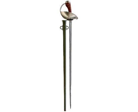90cm fullered blade, regulation steel bowl guard with turned rim, chequered ergonomic grip, in its green painted steel scabba