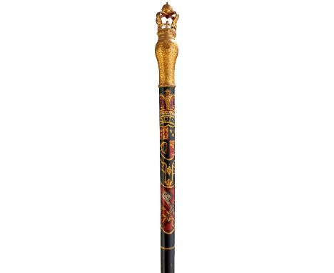 the staff with gilt metal crown finial on bulbous gilt head, the tapering haft painted black over all and decorated in polych