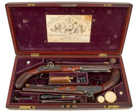 10.25inch sighted browned damascus octagonal barrels engraved TJ Mortimer Maker to His Majesty London, border and scroll engr