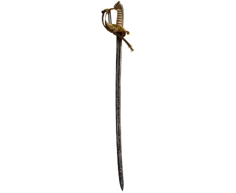 79cm curved fullered blade etched with scrolling foliage, crowned Royal arms and crowned fouled anchor, maker's panel for FRA
