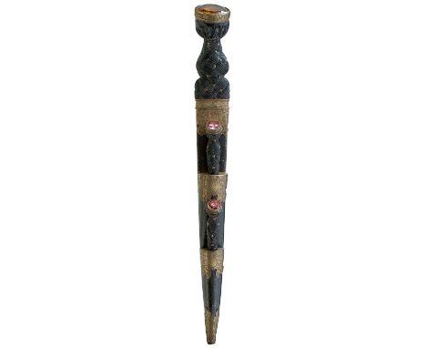 29.25cm fullered blade with faceted back edge, white metal mounted hilt decorated with Celtic symbols, the pommel set with a 